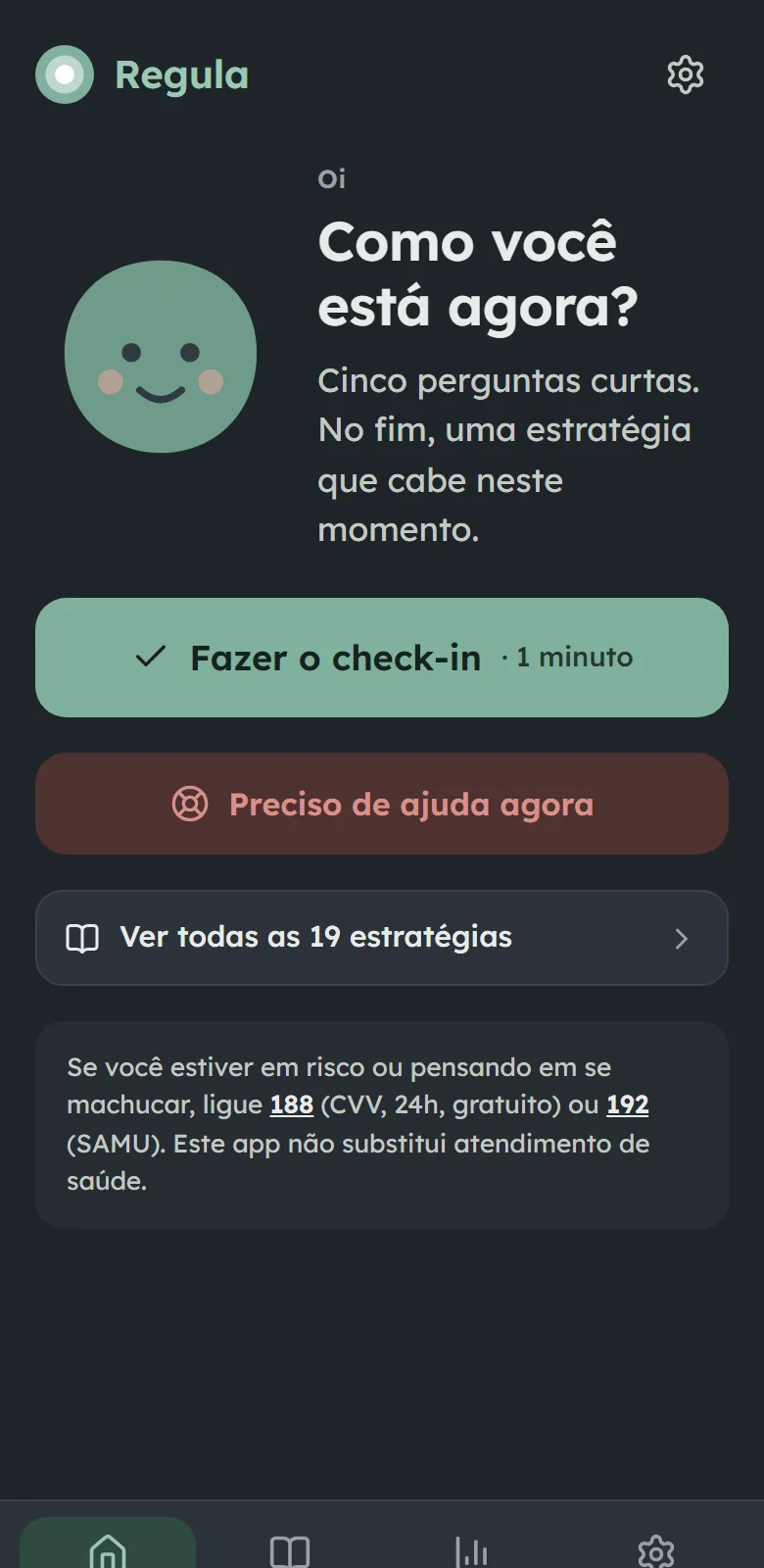 Tela inicial do Regula no celular: como você está agora?
